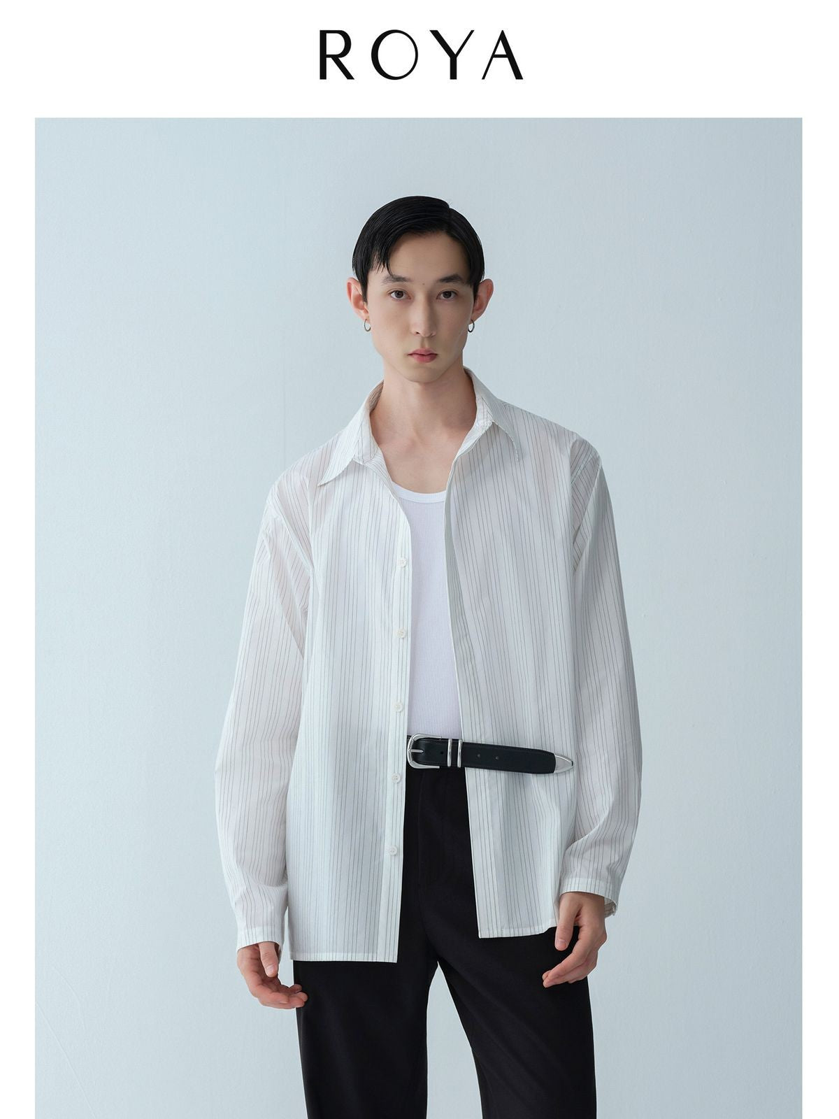 ROYA Hidden Placket Pinstripe Shirt in Black - On Model