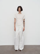 RandomPiece Asymmetric Ruched Silk Blend Tee in Gray - On Model