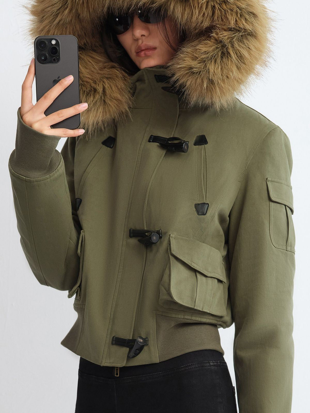 RARELY ALIKE Faux Fur Collar Cropped Jacket in Olive - On Model