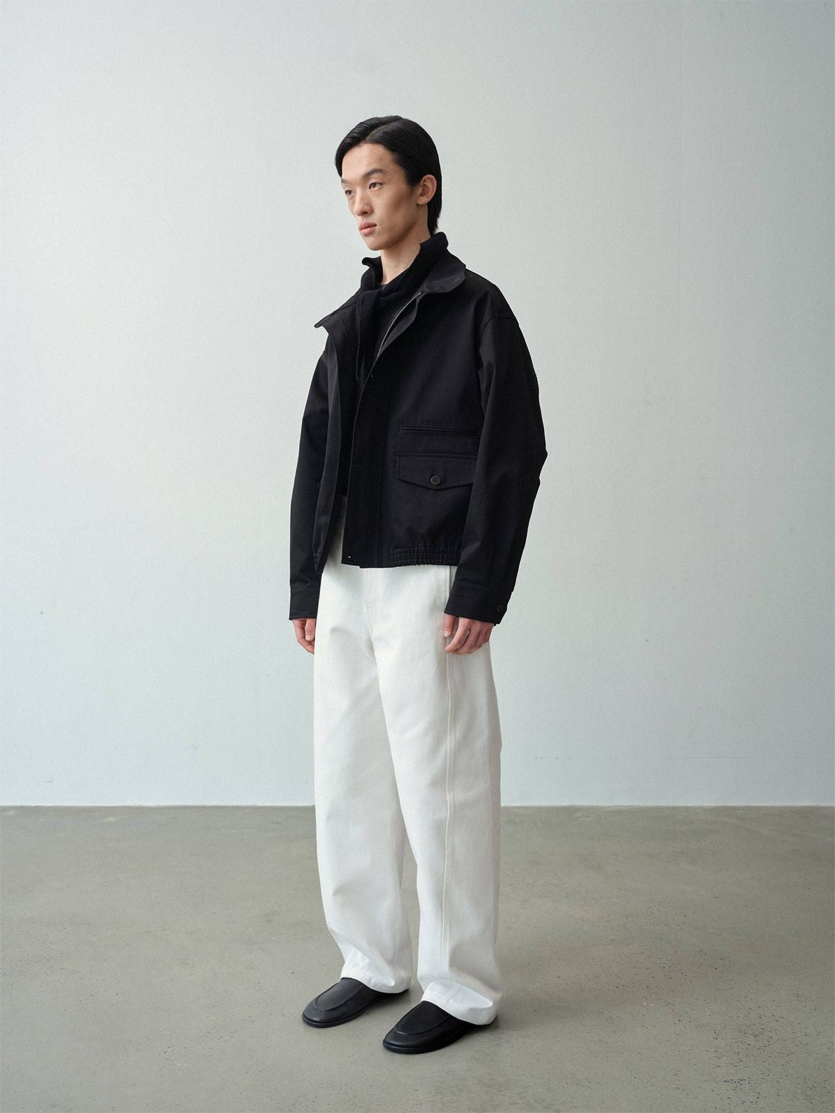 ROYA Water Repellent Twill Harrington in Navy Blue - On Model