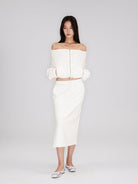 RARELY ALIKE Side Slit Cotton Sweatshirt Skirt in White - On Model