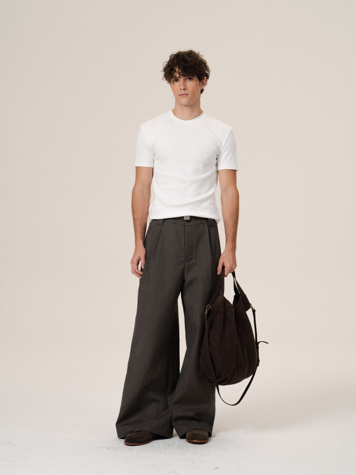 Retro 21 Ribbed Cotton Crew Neck T Shirt in White - On Model