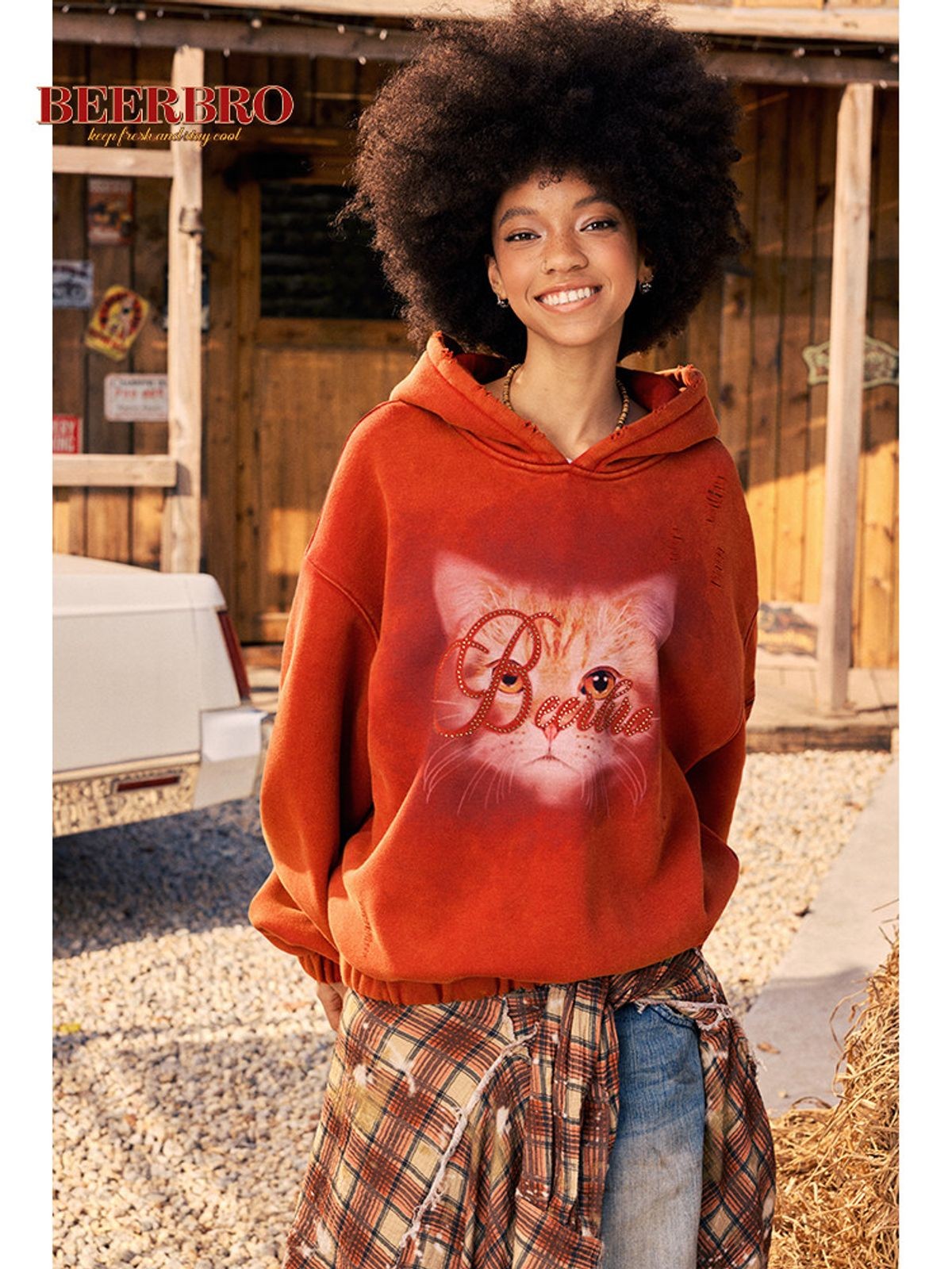 Beer Bro Distressed Cat Graphic Hoodie in Orange - On Model