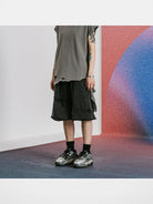 LOSTCTRL Raw Edge Panel Sweat Shorts in Gray - On Female Model