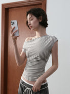 PUKI Asymmetric Ruched Lyocell Top in White - On Model