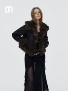 Amee Faux Suede Fur Trim Biker Jacket in Black - On Model