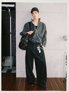 MasonPrince Inverted Pleat Curved Leg Trousers in Black - On Model