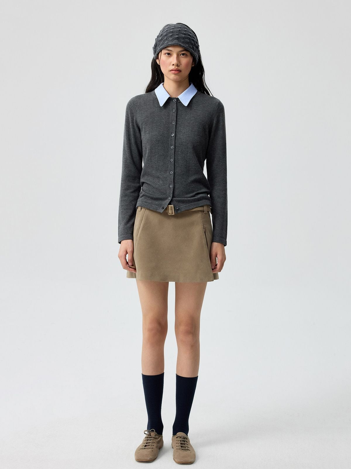 Simple Project Detachable Collar Knit Cardigan in Gray - On Model