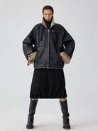 Simple Project Faux Leather Shearling Jacket in Black - On Female Model