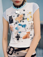 CFIERCE Cat Print Contrast Sleeve Tee in White - On Model