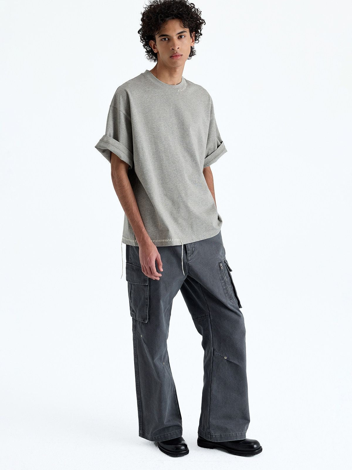 NANS Hand Stitched Fringe Oversized Tee in Gray - On Model