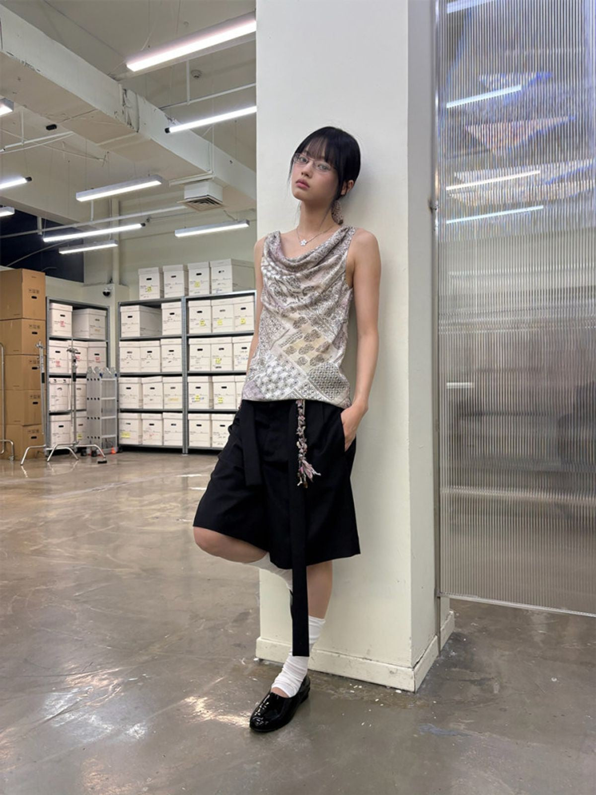 NeverSeez Belted Wool Blend Tailored Shorts in Black - On Model