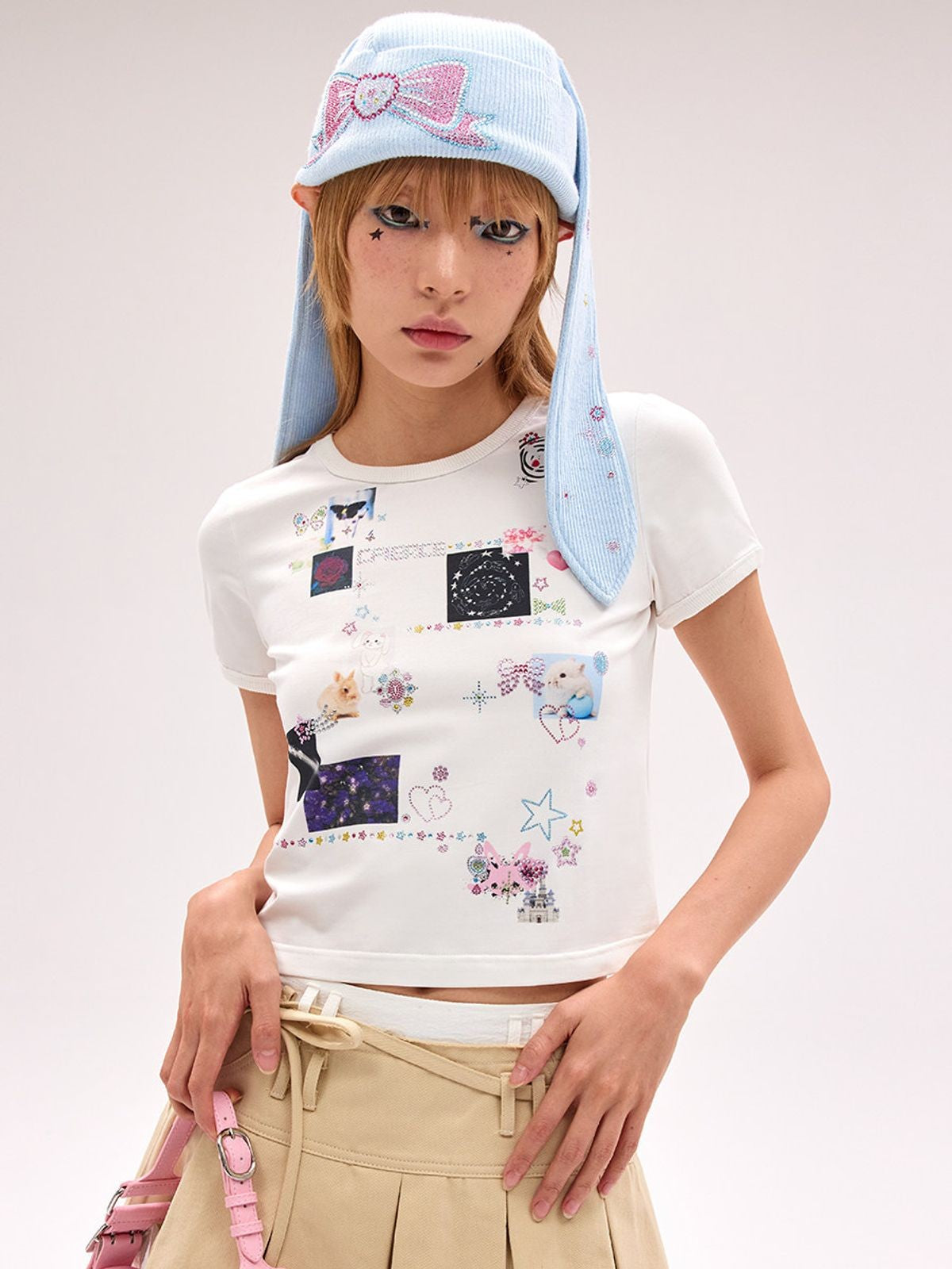 CFIERCE Sticker Print Rhinestone T Shirt in White - On Female Model