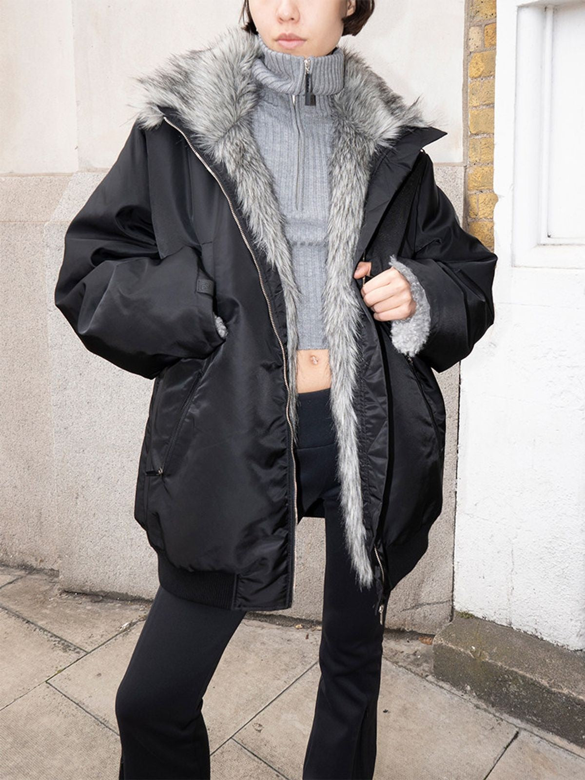 RARELY ALIKE Faux Fur Lined Nylon Bomber in Black - On Model