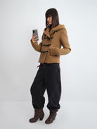 RARELY ALIKE Short Lambswool Duffle Coat in Beige - On Model