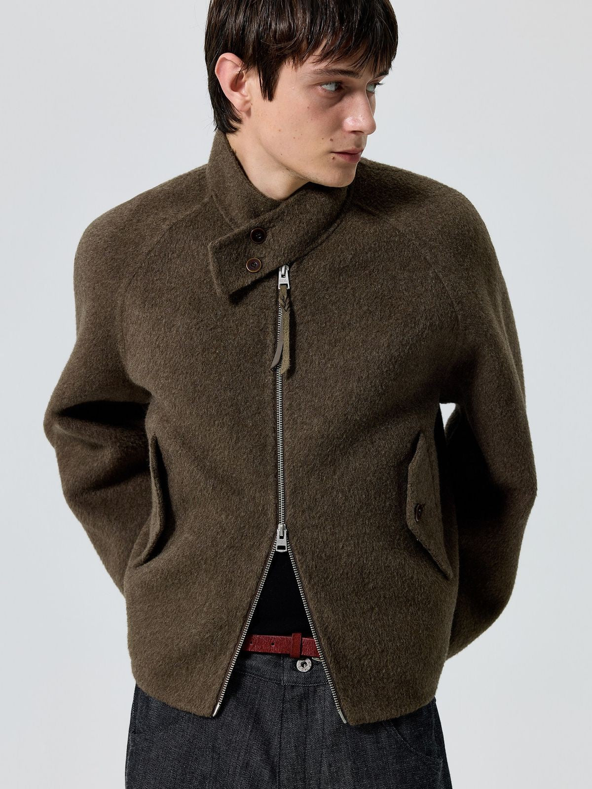 Simple Project Double Faced Wool Harrington Jacket in Olive - On Male Model