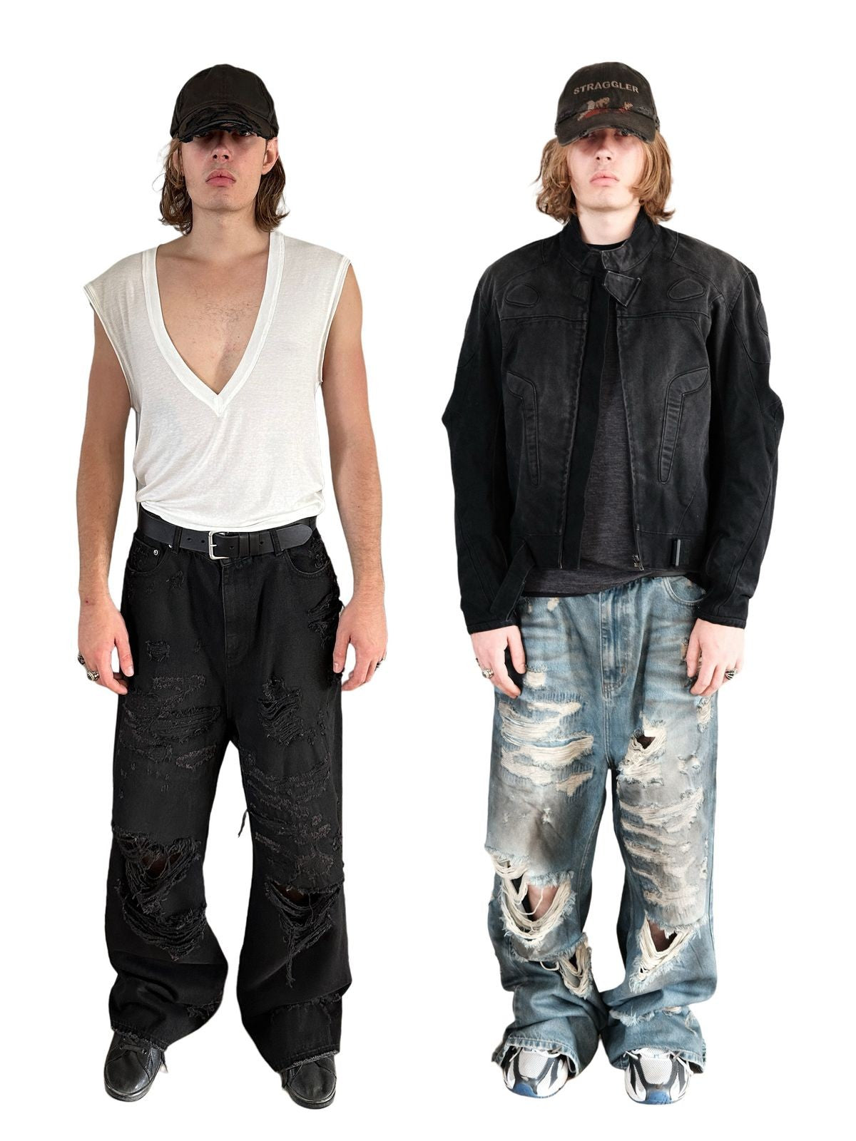UNKNOWNWORLD Distressed Boro Mud Dyed Jeans in Denim - On Model