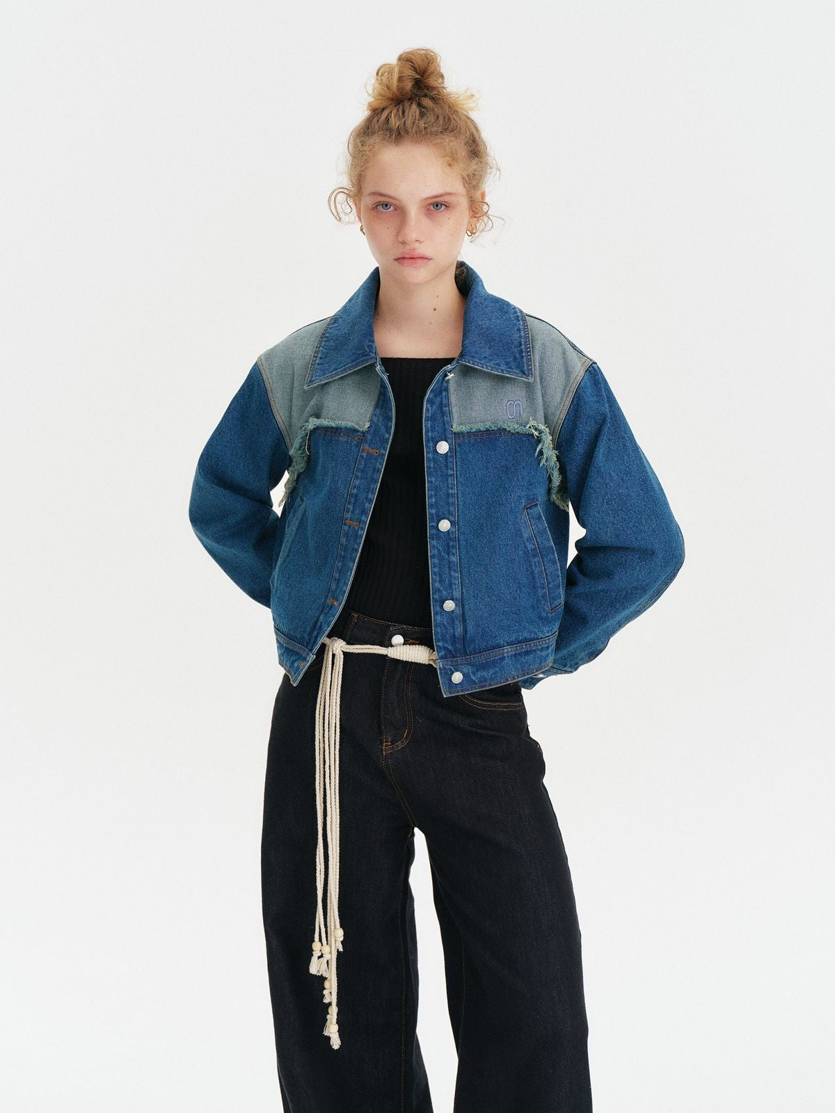 Amee Raw Edge Contrast Denim Jacket in Denim - On Model