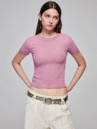 Simple Project Distressed Ribbed Knit Top in Lavender - On Model