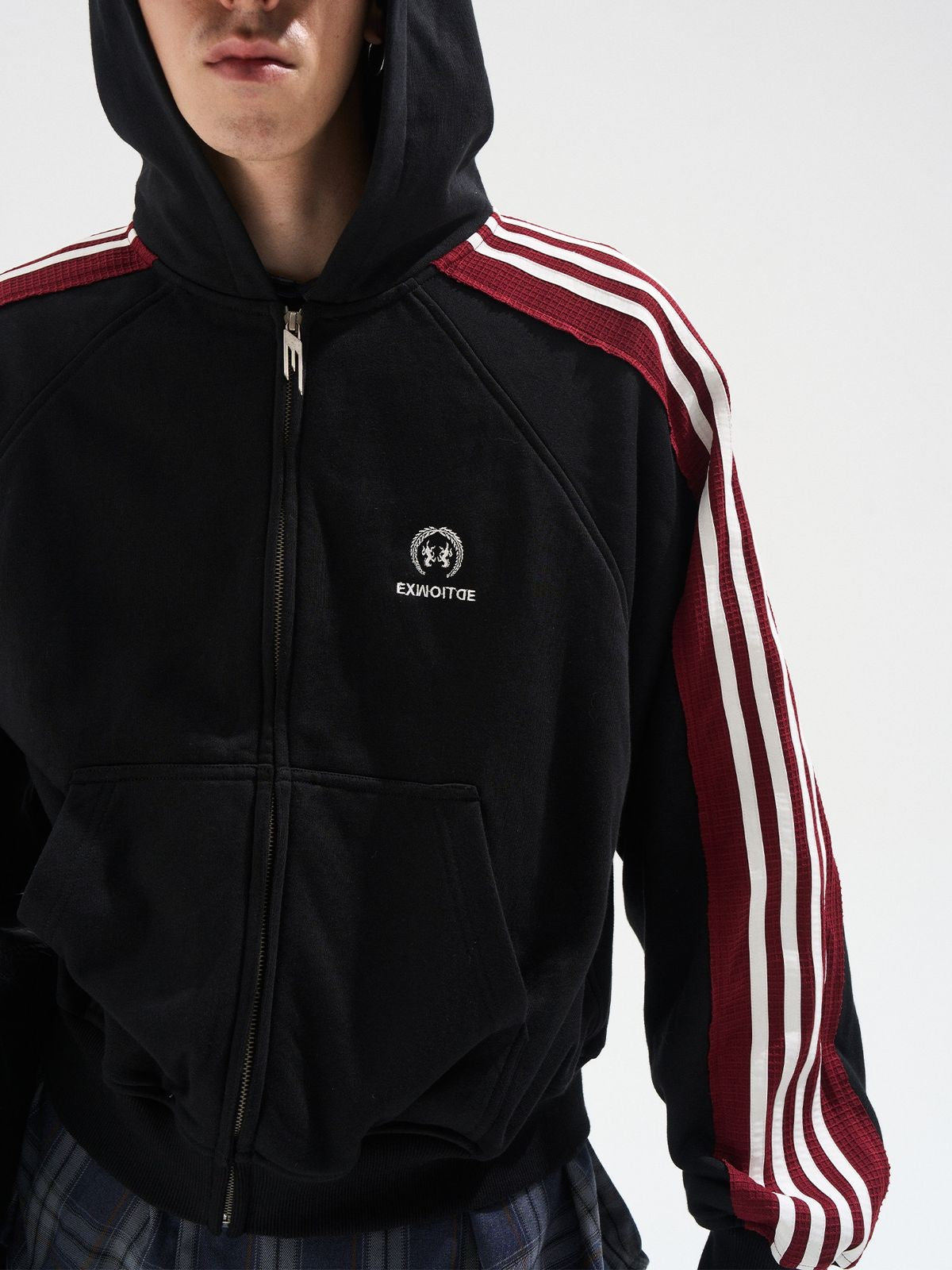 BLINDNOPLAN Raw Edge Contrast Tape Zip Hoodie in Black - On Model