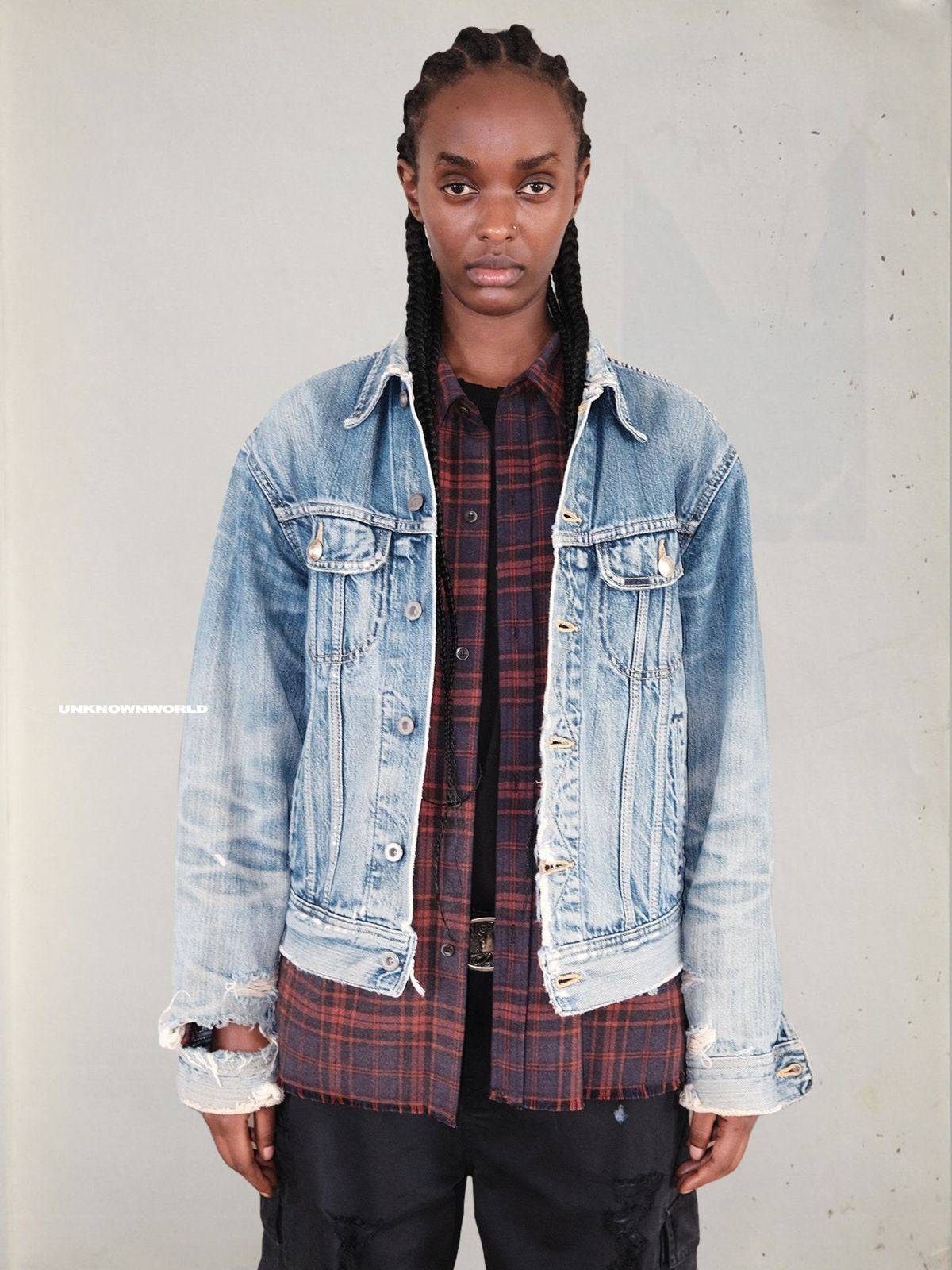 UNKNOWNWORLD Heavy Distressed Denim Jacket in Blue - On Model