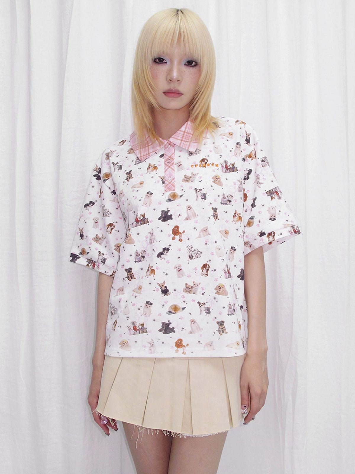 CFIERCE Puppy Graphic Oversized Polo in White - On Model