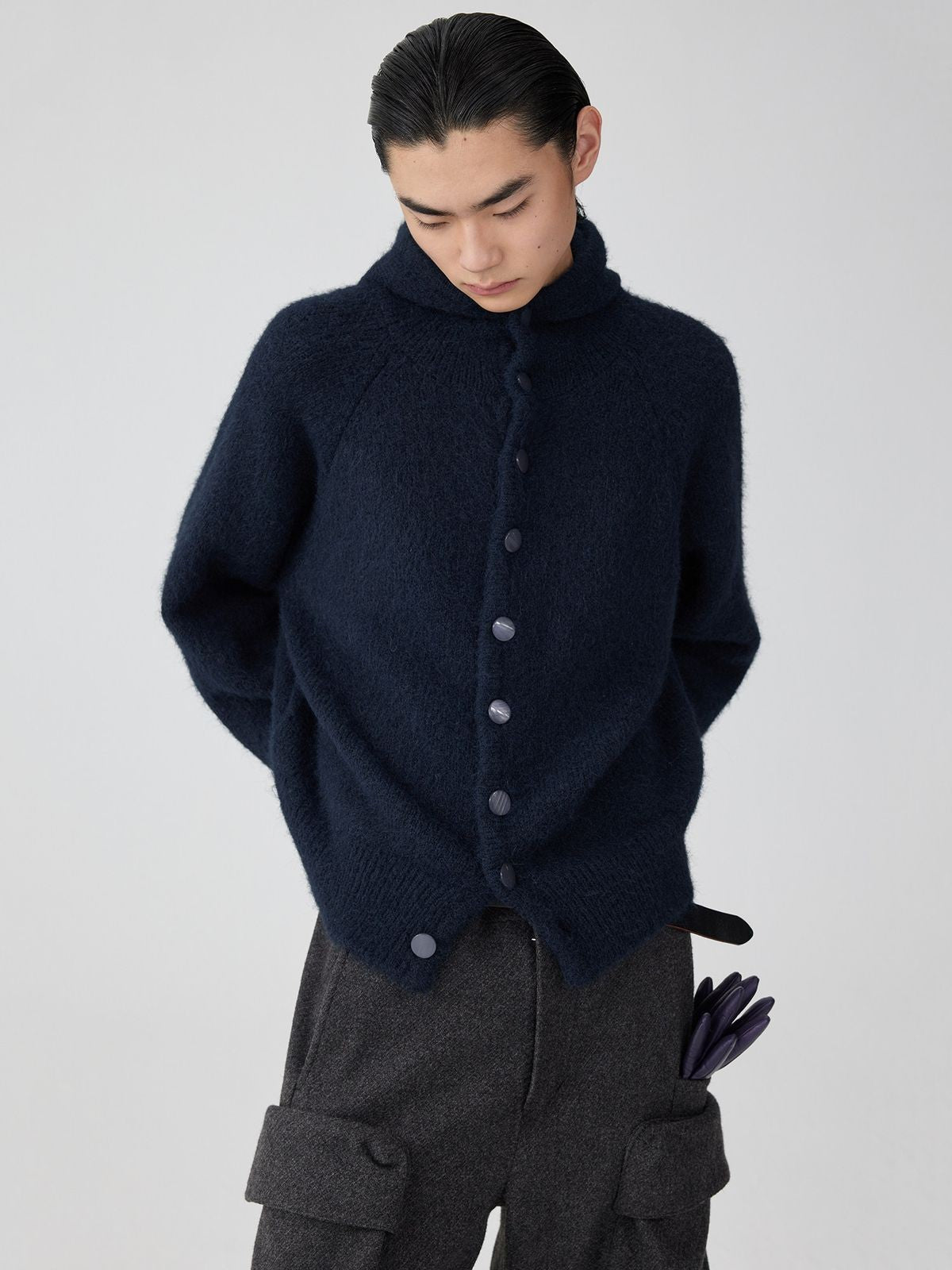Simple Project Hooded Wool Blend Cardigan in Navy Blue - On Male Model