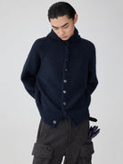 Simple Project Hooded Wool Blend Cardigan in Navy Blue - On Male Model