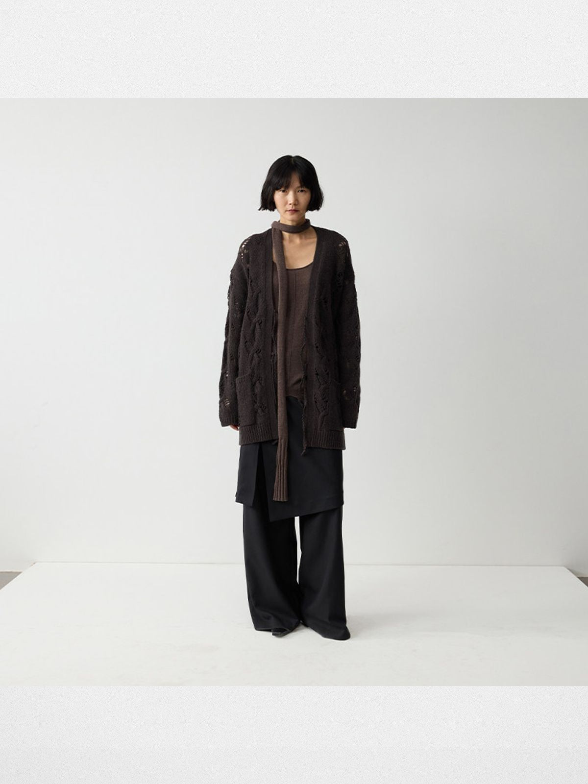 RandomPiece 100 Wool Openwork Tie Front Cardigan in Brown - On Model