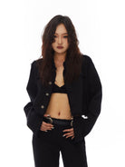 THELIGHT OFFICIAL Raw Hem Cropped Denim Jacket in Black - On Model