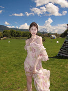 1S Studio Asymmetric Floral Ruffle Dress in Purple - On Model