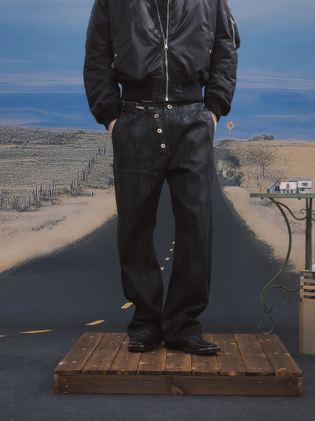 SOD Waxed Leather Buckle Jeans in Black - On Model