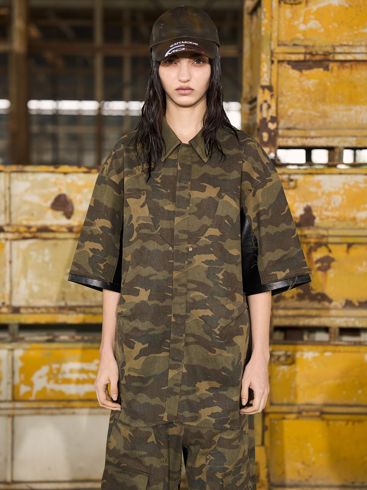 BLINDNOPLAN Camo Spliced Faux Leather Shirt in Olive - On Model