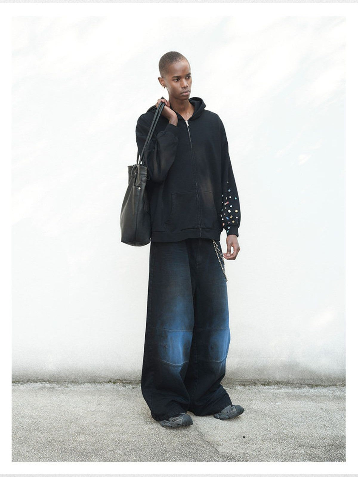 TRIANGLE PROJECT Gemstone Embellished Zip Hoodie in Black - On Model