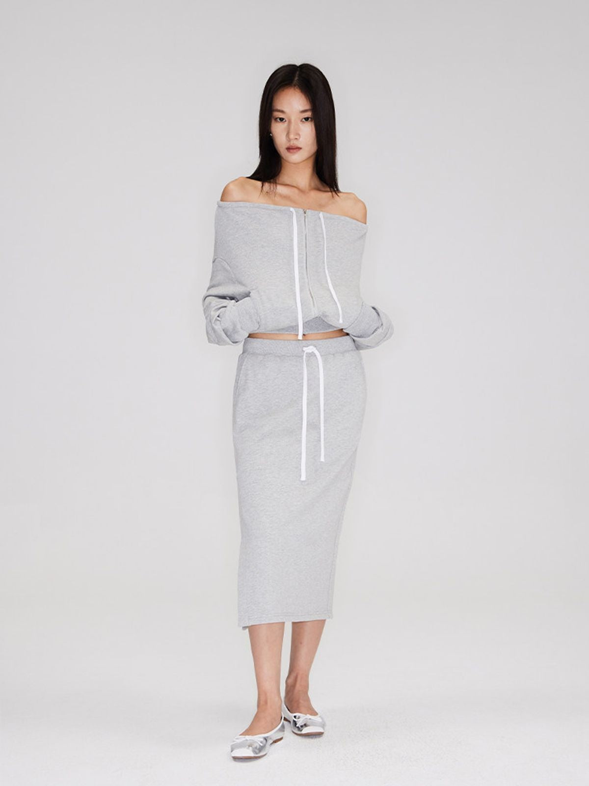 RARELY ALIKE Two Way Off Shoulder Zip Hoodie in Gray - On Model