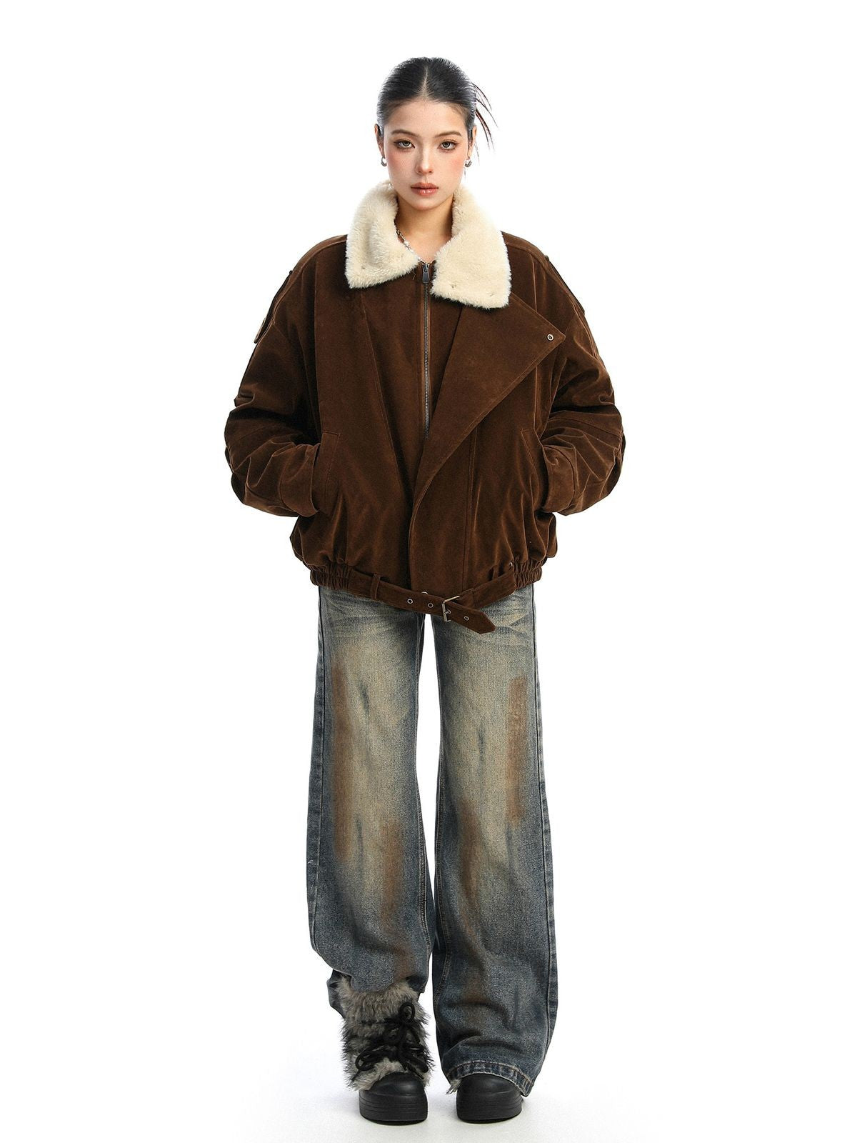 BIGGOLD STUDIO Faux Suede Padded Jacket in Brown - On Model #color_brown