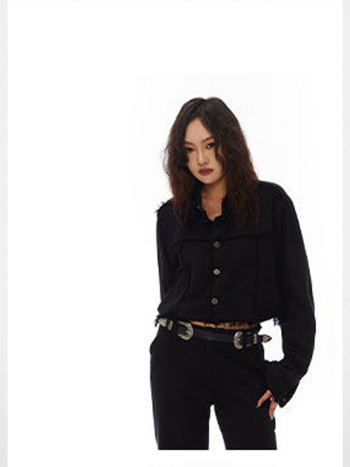 THELIGHT OFFICIAL Raw Hem Cropped Denim Jacket in Black - On Model