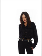 THELIGHT OFFICIAL Raw Hem Cropped Denim Jacket in Black - On Model