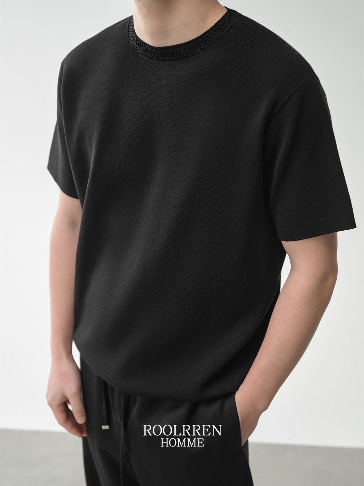 Roolrren Homme Cotton Acetate Cable Collar Knit in Black - On Model