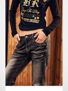 BeerBro Studded Leopard Micro Flare Jeans in Black - On Model