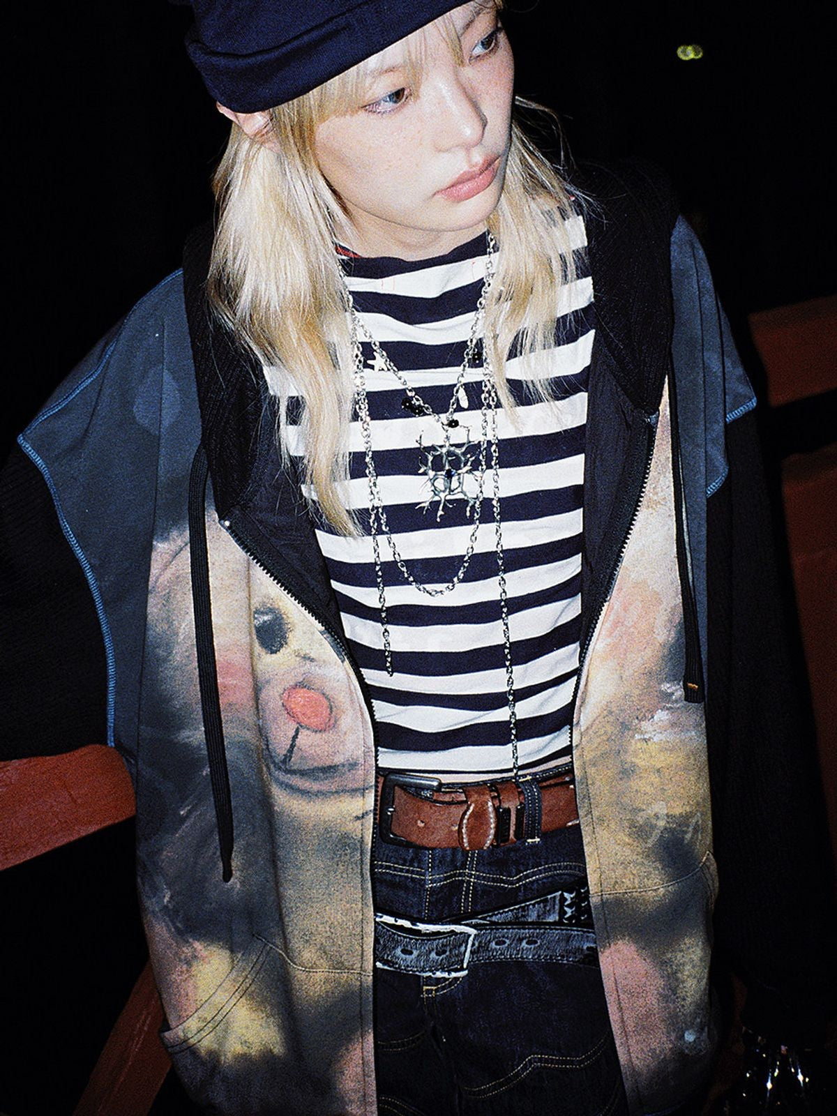 CFIERCE Little Bear Print Zip Hoodie in Gray - On Model