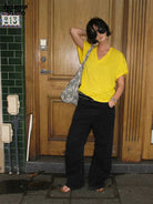 ACSENSE STUDIO Curved Pocket Straight Leg Jeans in Black - On Model