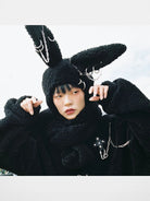 CFIERCE Pierced Plush Bunny Hooded Scarf in Black - On Model
