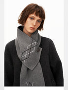 PUKI Diamond Fringe Scarf Wool Coat in Gray - On Model