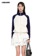 SHUSHUTONG Color Block Wool Zip Cardigan in White - On Model