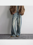 RandomPiece Contrast Panel Loose Jeans in Light Blue - On Model