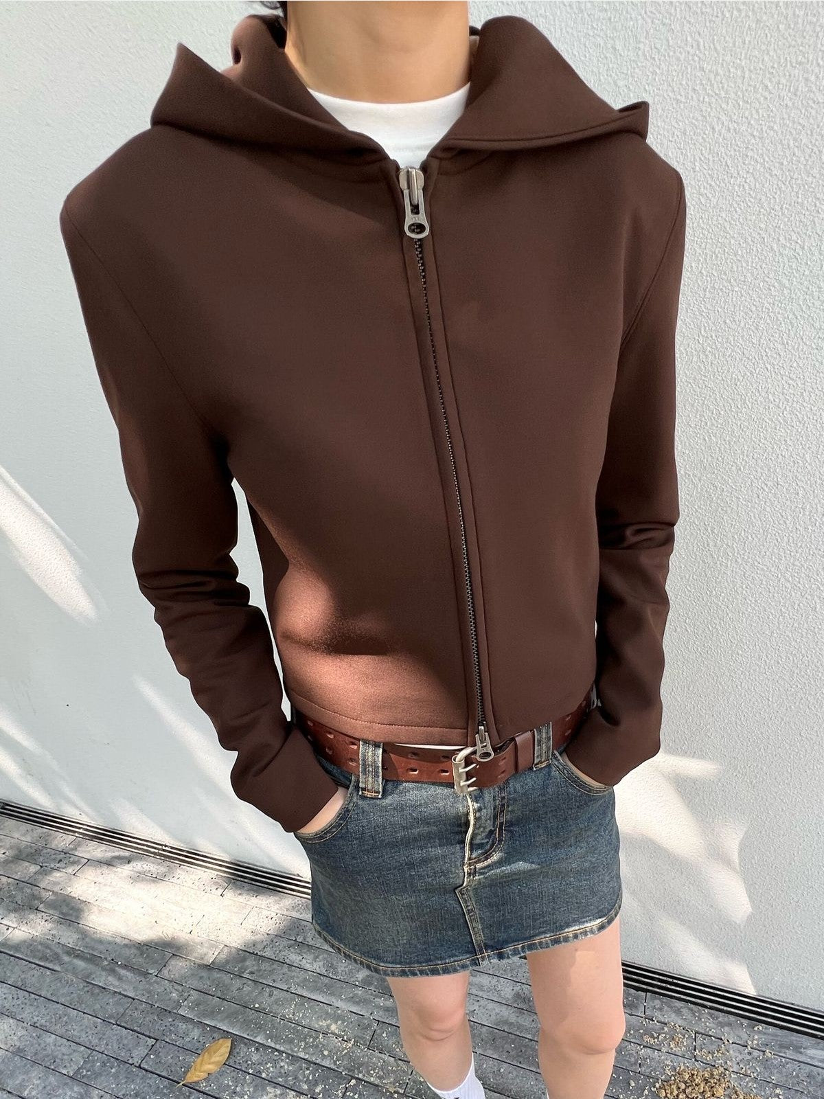 Alright then Hooded Wool Double Zip Jacket in Brown - On Model