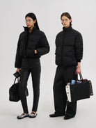 MasonPrince Cropped Down Puffer Jacket in Black - On Female Model