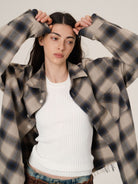 Retro 21 Japanese Flannel Raw Hem Plaid Shirt in Khaki - On Female Model