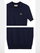 SHUSHUTONG Mulberry Silk Knit Polo Top in Navy Blue - Detail